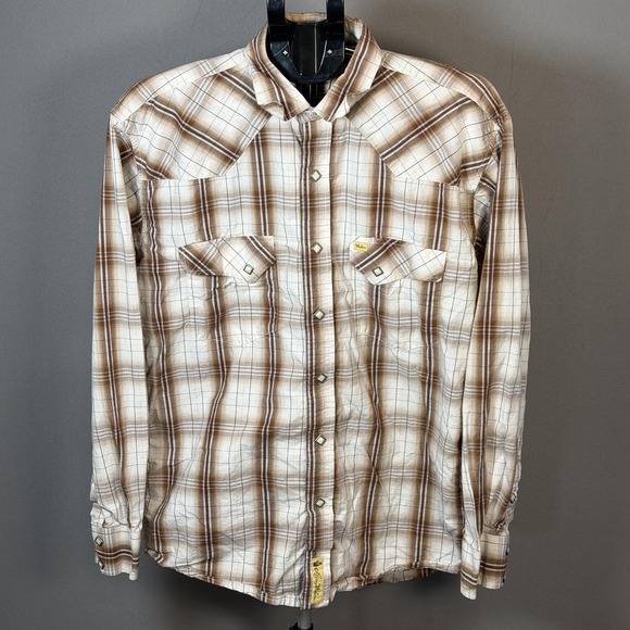 Larry Mahan Other - Larry Mahan Shirt Mens Large Brown Plaid Pearl Snap Western Cowboy Long Sleeve